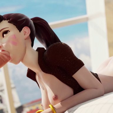 1boy, 1girls, 3d, animated, ass, blender, blizzard entertainment, bottomless, breasts, brown eyes, brown hair, clothed female nude male, consensual, d.va, deepthroat