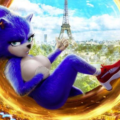 blue fur, breasts, female, green eyes, looking at viewer, rule 63, shadman, sonic (series), sonic the hedgehog, sonic the hedgehog (movie), thick thighs