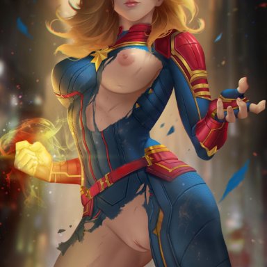 1girl, blonde hair, blue eyes, captain marvel, carol danvers, female, marvel, nopeys, one breast out, solo, solo female, torn clothes, uniform, unshaved pussy