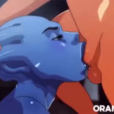 1boy, 1girl, animated, asari, blowjob, blue skin, cum, cum in mouth, deepthroat, dripping cum, liara t'soni, loop, male, mass effect, no sound