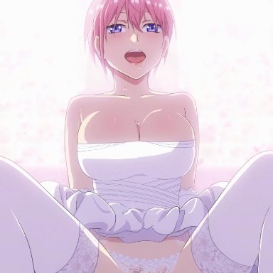 1boy, 1girls, animated, bangs, bare shoulders, blue eyes, blush, bouncing breasts, breasts, bridal veil, bride, censored, cleavage, clothed, cowgirl position