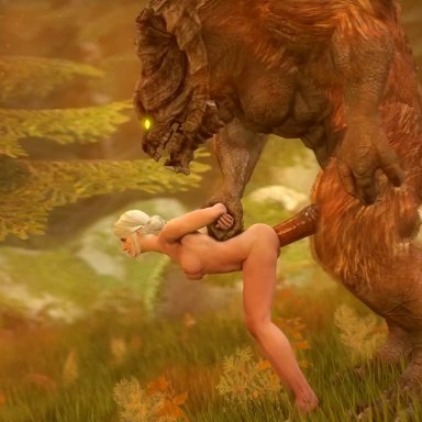 1girls, 1monster, 3d, animated, arms behind back, ciri, dark souls, darktronicksfm, from behind, grabbing from behind, huge cock, huge monster, impossible fit, monster, no sound