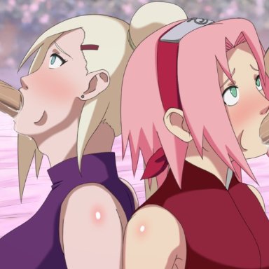 2boys, 2girls, bed, bedroom, blonde hair, blowjob, furutaka (artist), green eyes, ino yamanaka, long hair, naruto, naruto shippuden, pink hair, sakura haruno, short hair