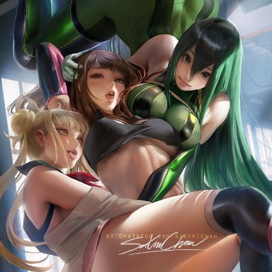 3girls, abs, alternate breast size, ass, big breasts, breasts, cleavage, clothes, female, female only, half-closed eyes, himiko toga, human, large breasts, looking at viewer