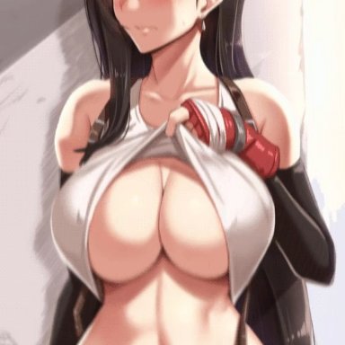 animated, bangs, bare shoulders, black hair, black skirt, blush, bouncing breasts, breasts, brown eyes, closed mouth, crop top, earrings, elbow pads, erect nipples, erect nipples under clothes