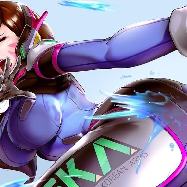 1girls, 2017, better version at source, blizzard entertainment, bodysuit, d.va, female, female only, headphones, latex, mr h.l., overwatch, ranged weapon, solo, water