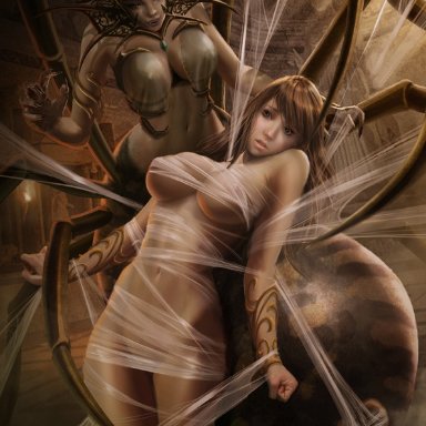 2girls, arachne, arachne (mythology), athena (mythology), big boobs, big tits, boobs, breasts, brown hair, cleavage, greek mythology, green eyes, large boobs, large breasts, large tits