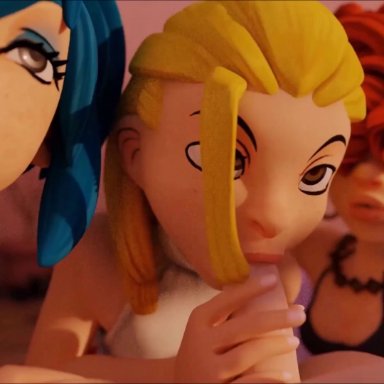 1boy, 3d, 3girls, animated, assisted fellatio, blenderknight, blonde hair, blue hair, breasts, cleavage, ed edd n eddy, erection, fellatio, kanker sisters, lee kanker