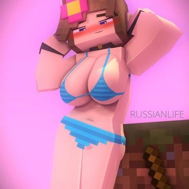 big breasts, bikini, brown hair, half naked, minecraft, slipperyt, solo