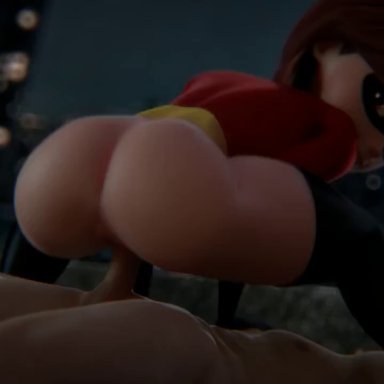 1boy, 1girls, 3d, animated, ass, balls, cowgirl position, erection, fpsblyck, helen parr, looking at viewer, looking back, milf, moaning, penetration