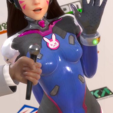 3d, animated, blizzard entertainment, bodysuit, breasts, breasts out, brown hair, d.va, exhibitionism, female, headphones, long hair, lvl3toaster, medium breasts, nipples