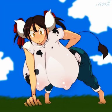 amber eyes, animated, barefoot, big breasts, cow print, excercise, female, female only, hanging breasts, hataraki ari, horns, huge breasts, jeans, jiggle, moaning