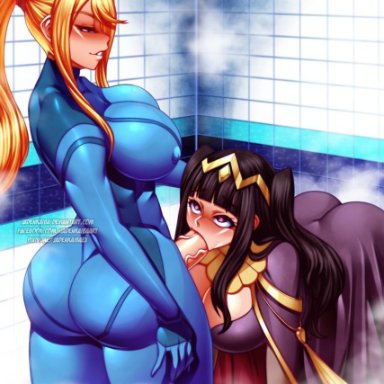 1futa, 1girls, all fours, ass, bangs, black hair, blonde hair, blue eyes, blunt bangs, blush, body, bodysuit, breasts, cape, circlet