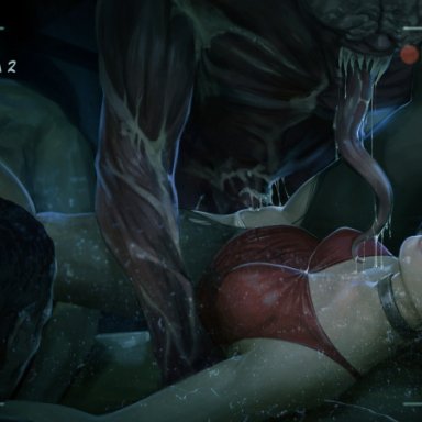 1boy, 1girls, 1monster, ada wong, black hair, camera, camera view, capcom, clothing, duo, female, firolian, hair, licker, long tongue