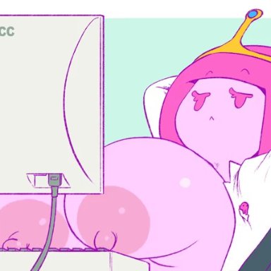 1girls, adventure time, animated, areolae, arms behind head, artist name, bangs, big nipples, blunt bangs, breasts, breasts out, cartoon network, chair, dingdongducc, female