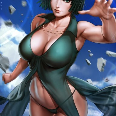 1girl, arm up, armpit, big breasts, breasts, cityscape, cleavage, dandon fuga, female, female only, fubuki (one-punch man), green eyes, green hair, large breasts, looking at viewer