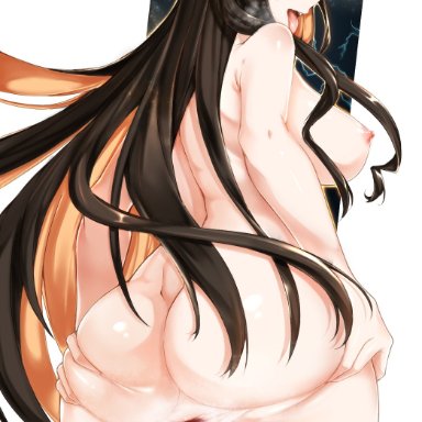 anus, areolae, ass, astor.cn, black hair, black hole, black sclera, blackhole-chan, blush, breasts, electricity, female, from behind, hair between eyes, highres