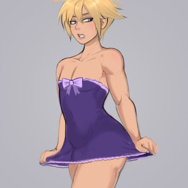 bare shoulders, blonde hair, blue eyes, cloud strife, crossdressing, femboy, final fantasy, final fantasy vii, lingerie, male, shadman, solo, solo male, thunder head, trap