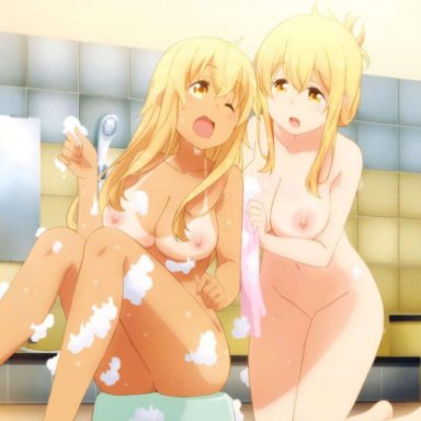 2d, 2girls, areolae, bathing, big boobs, big tits, bikini tan, blonde hair, boobs, breasts, cleavage, dark skin, ecchi, edit, edited