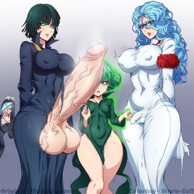 1girls, 2futas, balls, big balls, big breasts, big penis, blue hair, blush, breast size difference, breasts, curvy, edit, erect nipples, erect nipples under clothes, erection