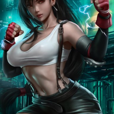 1girls, abs, big breasts, breasts, cleavage, female, female only, final fantasy, final fantasy vii, large breasts, logan cure, looking at viewer, panties, solo, tifa lockhart