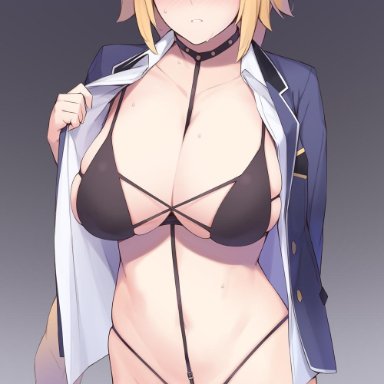 1girls, big breasts, blonde hair, blue eyes, blush, bra, breasts, cleavage, enosan, fate (series), fate/grand order, female, female only, jeanne d'arc (fate), large breasts