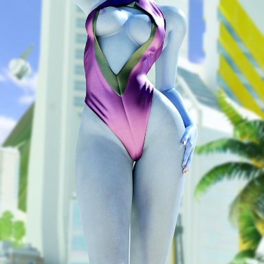 1girls, 3d, areolae, blender, blue hair, blue lipstick, breasts, female, female only, hand on head, ladyamadia, nipples, overwatch, solo, standing