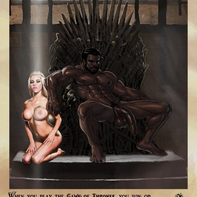 1boy, 1girls, bbc, big penis, bimbo, blonde hair, dark skin, dark-skinned male, english text, female, game of thrones, interracial, kneeling, large breasts, looking at viewer