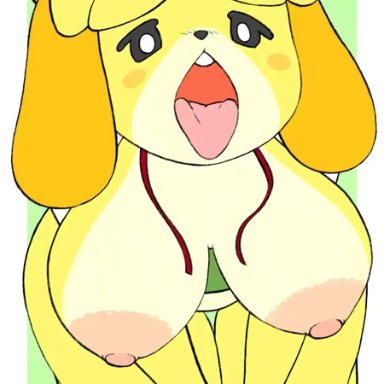 animal ears, animated, areola, areolae, breasts, dingdongducc, female, furry, isabelle (animal crossing), kneeling, large breasts, nipples, open mouth, tongue out