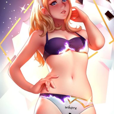 bikini, league of legends, luxanna crownguard, tsuaii, writing