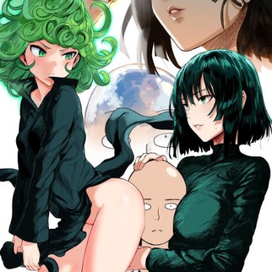 1boy, 2girls, angry, ass, ass on face, between breasts, blank stare, bottomless skirt, breasts, curvy, female, female with female, fubuki (one-punch man), hews, huge breasts