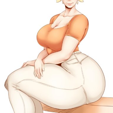 2019, alternate costume, ass, bags under eyes, big lips, black eyeshadow, blonde hair, blue eyes, brown eyebrows, bubble butt, cleavage, clothed, clothing, crossed arms, curvy
