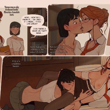 2girls, comic, cunnilingus, female, female only, incase, kissing, oral, speech bubble, spread legs, text, thighhighs, yuri