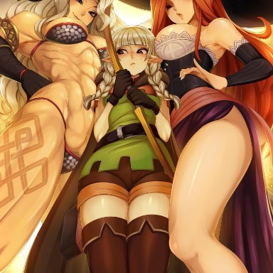 3girls, abs, amazon (dragon's crown), big breasts, blush, breasts, cleavage, dragon's crown, elf (dragon's crown), female, female only, large breasts, merunyaa, muscles, muscular