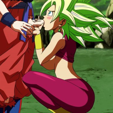 animated, ass, ball fondling, big breasts, blowjob, blush, clothed, dat ass, dragon ball, dragon ball super, ear piercing, fellatio, female, foxybulma, green hair