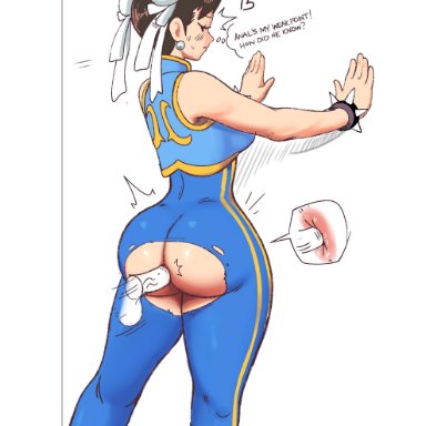 against wall, anal, anal insertion, anal sex, ass, brown hair, buttholemagick, capcom, chun-li, dialogue, disembodied hand, disembodied penis, earrings, exposed ass, female