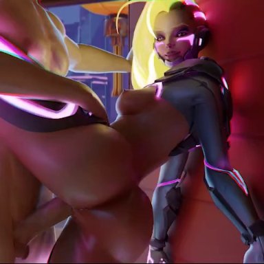 1boy, 1girls, 3d, alternate costume, animated, anus, areolae, ass, augmented sombra, balls, blizzard entertainment, bouncing breasts, breasts, dark skin, dark-skinned female