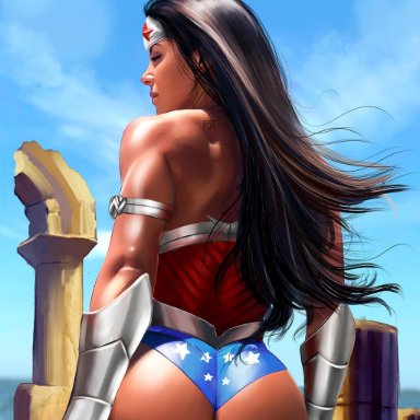 1girls, amazon, ass, bare shoulders, big ass, big breasts, black hair, breasts, busty, clothed, curvy, dark-skinned female, dc, dc comics, diana prince