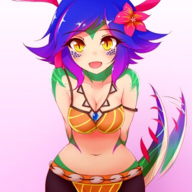 ayatori (aytr), breasts, cleavage, cute, female, happy, league of legends, lizard girl, looking at viewer, navel, neeko, riot games, short shorts, smile, smiling