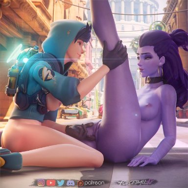 2girls, 3d, anal fingering, anal insertion, anus, areolae, blizzard entertainment, breasts, cote d'azur widowmaker, female, female only, fingering, forceballfx, graffiti tracer, havana (map)