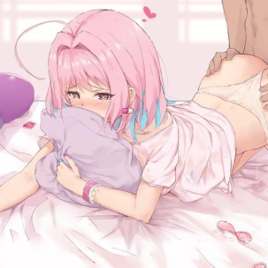 1boy, ahoge, all fours, arched back, ass grab, bangs, bed sheet, blue hair, blush, bracelet, cellphone, clothed female nude male, condom, condom wrapper, doggy style