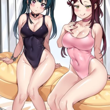 2girls, aroused, bangs, bedroom eyes, big breasts, black hair, black swimsuit, blush, blushing, bracelet, breasts, busty, choker, cleavage, clothing