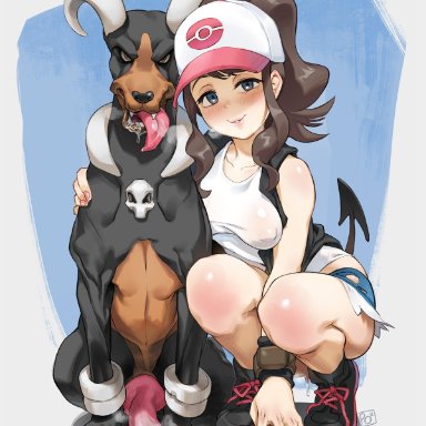 1boy, 1girls, 3 toes, animal genitalia, animal penis, bare shoulders, big penis, black fur, blue background, blush, breasts, brown eyes, brown fur, brown hair, canine