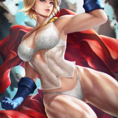 1girls, absurdres, armpit, blonde hair, blue eyes, breasts, cape, clouds, dc, dc comics, female, female only, highres, large breasts, lingerie