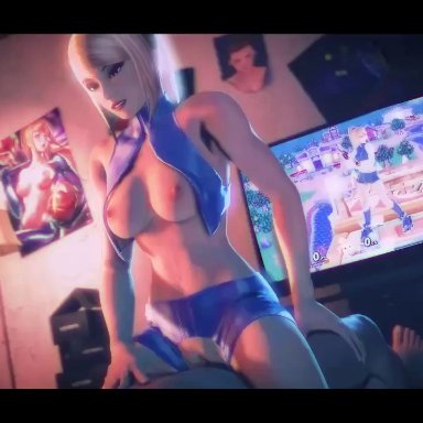 1boy, 1girls, 3d, animated, areolae, bouncing breasts, breasts, cowgirl position, erection, female, male, metroid, nipples, no sound, penis