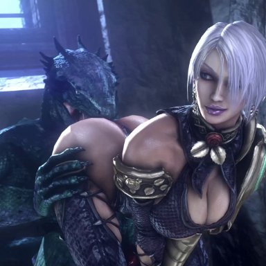 1boy, 1girls, 3d, animated, ass, big ass, big breasts, breasts, cleavage, erection, female, from behind, isabella valentine, large breasts, lizardman