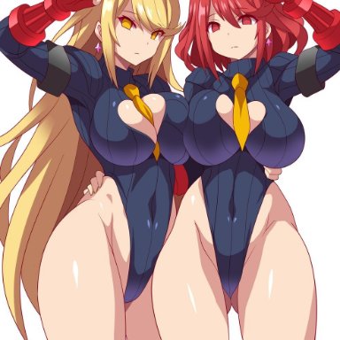 2girls, alternate costume, bangs, black clothes, blonde hair, breasts, cammy white, cammy white (cosplay), cleavage, cleavage cutout, cosplay, curvy, earrings, empty eyes, eyes visible through hair