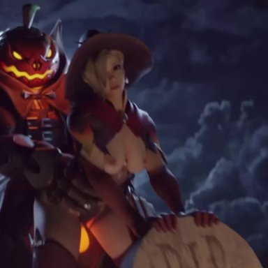 alternate angle, bouncing breasts, cum, cum in pussy, cum inside, highres, mercy, night, nipples, overwatch, penetration, pumpkin reaper, reaper, sound, submissive