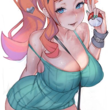 1girls, big breasts, blush, breasts, cleavage, female, female only, gtunver, large breasts, looking at viewer, panties, pokemon, solo, sonia (pokemon)