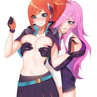 2girls, alternate costume, areolae, battle academia katarina, battle academia lux, blush, breast grab, breasts, female, female only, katarina, league of legends, luxanna crownguard, nipples, soft breasts